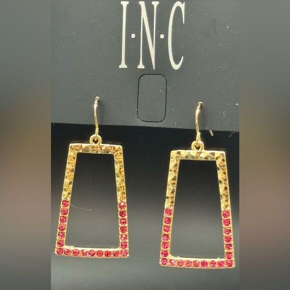 INC Hammered Gold Tone Open Rectangle W/ Red Crystal Fish Hook Earring 1.75 Inch - Picture 1 of 5